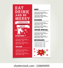 Vector christmas restaurant brochure, menu design. Vector holiday template with xmas hand-drawn graphic. Happy New Year invitation flyer.