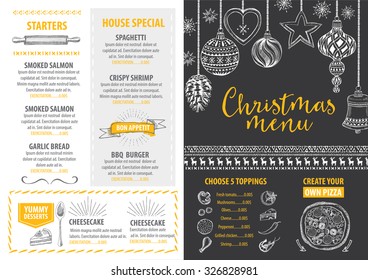 Vector christmas restaurant brochure, menu design. Vector holiday template with xmas hand-drawn graphic. Happy New Year invitation flyer.