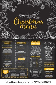 Vector Christmas Restaurant Brochure, Menu Design. Vector Holiday Template With Xmas Hand-drawn Graphic. Happy New Year Invitation Flyer.