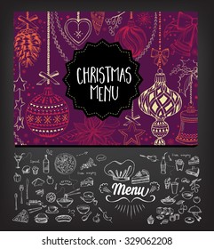 Vector christmas restaurant brochure, menu design. Vector holiday template with xmas hand-drawn graphic. Happy New Year invitation flyer.