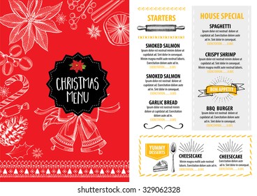 Vector christmas restaurant brochure, menu design. Vector holiday template with xmas hand-drawn graphic. Happy New Year invitation flyer.