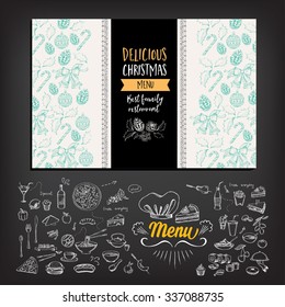 Vector christmas restaurant brochure, menu design. Vector holiday template with xmas hand-drawn graphic. Happy New Year invitation flyer.