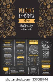 Vector christmas restaurant brochure, menu design. Vector holiday template with xmas hand-drawn graphic. Happy New Year invitation flyer.