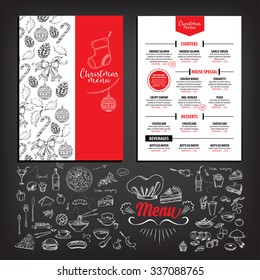 Vector Christmas Restaurant Brochure, Menu Design. Vector Holiday Template With Xmas Hand-drawn Graphic. Happy New Year Invitation Flyer.