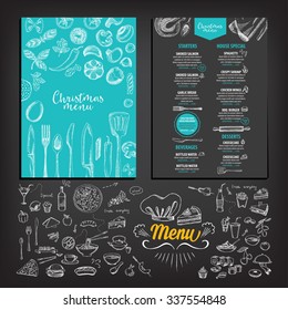 Vector christmas restaurant brochure, menu design. Vector holiday template with xmas hand-drawn graphic. Happy New Year invitation flyer.