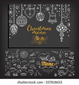 Vector christmas restaurant brochure, menu design. Vector holiday template with xmas hand-drawn graphic. Happy New Year invitation flyer.