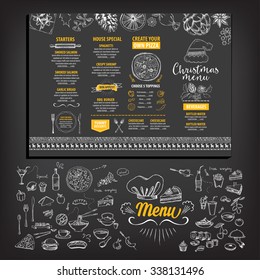 Vector christmas restaurant brochure, menu design. Vector holiday template with xmas hand-drawn graphic. Happy New Year invitation flyer.