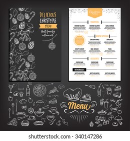 Vector Christmas Restaurant Brochure, Menu Design. Vector Holiday Template With Xmas Hand-drawn Graphic. Happy New Year Invitation Flyer.