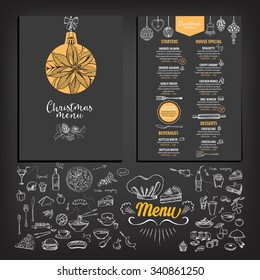 Vector christmas restaurant brochure, menu design. Vector holiday template with xmas hand-drawn graphic. Happy New Year invitation flyer.