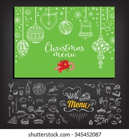 Vector christmas restaurant brochure, menu design. Vector holiday template with xmas hand-drawn graphic. Happy New Year invitation flyer.