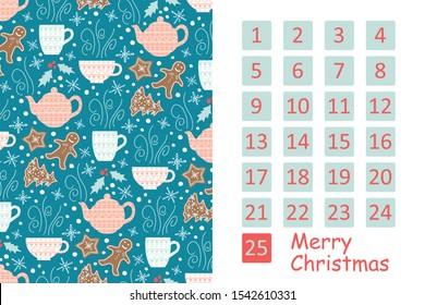 Vector Christmas reverse calendar with hand drawn teapots, tea cups, gingerbread cookies and snowflakes. Countdown to christmas.
