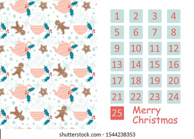 Vector Christmas reverse calendar with hand drawn teapots, tea cups, gingerbread cookies and snowflakes. Countdown to christmas.