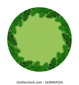 Vector Christmas Round Banner with Fir Branches. New Year Poster Isolated on White Background.