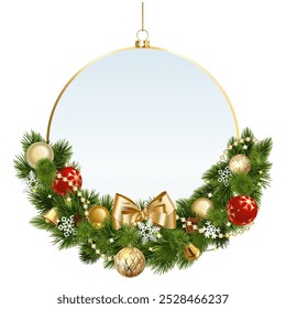 Navidades de Vector Tarjeta redonda Bauble con corona de pino aislado sobre fondo blanco