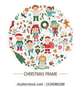 Vector Christmas round frame with children, Santa Claus, Angel on dark blue background. Holiday themed banner or invitation framed in circle. Cute funny New Year card template.