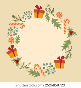 Vector Christmas round frame with decoration elements. Winter holiday wreath with gift boxes, sweets and plants. Holly and fir branches.