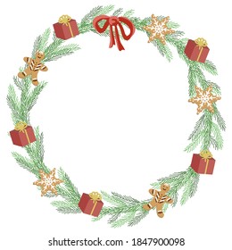 Vector of Christmas round frame with empty space.Fir branches wreath with gingerbread cookies,gift boxes and bow.Isolated elements for New year design
