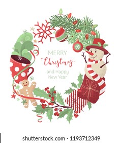 Vector Christmas round frame. Gifts, cup of hot cocoa, spruce branches with baubles, snowman, gingerbread man, mistletoe. Happy holidays red and green flat background. Hand-drawn noise texture.