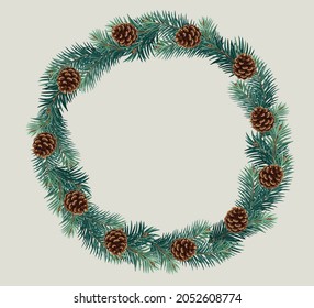 Vector Christmas round frame with pine tree branches and pine cones. Christmas decoration concept