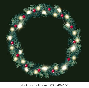 Vector Christmas round frame with pine tree branches, red berries and light garlands. Christmas decoration concept