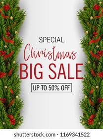 Vector christmas sale banner. Holiday offer. Christmas tree with decorations