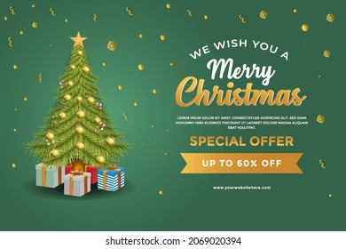 vector christmas sale banner with pine tree and gift boxes