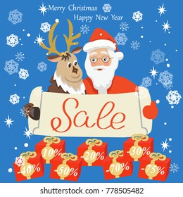 Vector of Christmas Sale banner with Santa Claus and Deer holding paper with inscription Sale,gifts boxes with percent.Bright blue background with snowflakes.