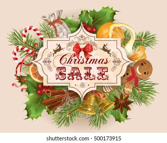 Vector Christmas sale banner with traditional decoration, Christmas tree branches and sweets. Design for any kind of products. Best for clothes, sweets, chocolate, cosmetics, tea and coffee