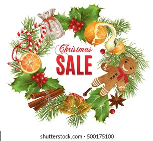 Vector Christmas sale banner with traditional decoration, Christmas tree branches and sweets. Design for any kind of products. Best for clothes, sweets, chocolate, cosmetics, tea and coffee