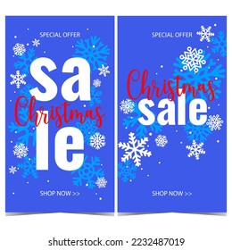 Vector Christmas sale banner with white snowflakes on blue background. Poster, leaflet, flyer or booklet for Christmas sale promotion during December shopping season and winter holidays celebration.