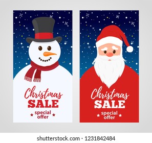Vector Christmas sale - cartoon Santa Claus with snowman. Ad poster, promo banner, discounts and offers. Celebration card with cute characters. Traditional background for winter holiday.