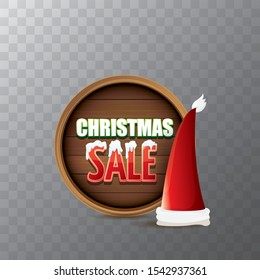 vector christmas sale label.  Red Santa hat with special sale sign tag isolated on transparent background. vector merry christmas sale sticker, banner design template or background.
