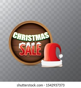 vector christmas sale label.  Red Santa hat with special sale sign tag isolated on transparent background. vector merry christmas sale sticker, banner design template or background.