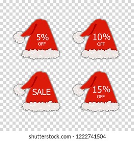 Vector Christmas Sale Labels, Different Discounts, Santa and Elf Red Holiday Hats, Colorful Decorative Elements.