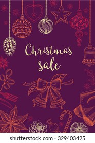 Vector christmas sale poster with toys. Holiday background and design banner. Vector banner with hand-drawn xmas graphic.