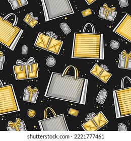 Vector Christmas Sale seamless pattern, square repeating background with illustrations of gray paper bags, gift boxes and decorative price tags on dark background, wrapping paper for christmas sale