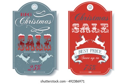 Vector Christmas sale vintage tags set with deers and ribbons. Christmas design for any kind of goods discount.Best for clothes, jeans, sweets, chocolate, cosmetics, tea and coffee.Retro style