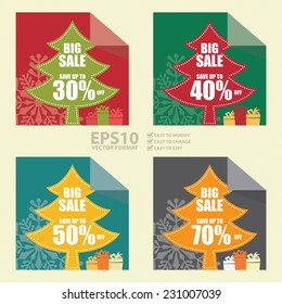 Vector : Christmas Sale, X'Mas Sale, Big Sale Save Up To 30% - 70% Off on Christmas Tree Tag, Sticker or Label Isolated on White Background