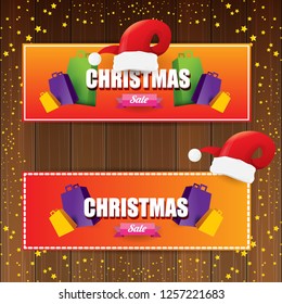 vector Christmas sales banner or tag label with red santa hat on wooden background with stars. Red winter Christmas sale poster design template or background - Vector