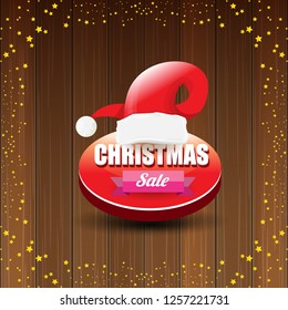 vector Christmas sales banner or tag label with red santa hat on wooden background with stars. Red winter Christmas sale poster design template or background - Vector