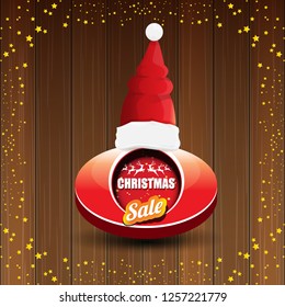 vector Christmas sales banner or tag label with red santa hat on wooden background with stars. Red winter Christmas sale poster design template or background - Vector