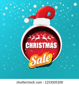 vector Christmas sales paper banner or tag label with red santa hat on snowy azure background with falling snowflakes. Red winter Christmas sale poster design template or background