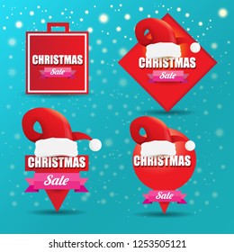 vector Christmas sales paper banner or tag label with red santa hat on snowy azure background with falling snowflakes. Red winter Christmas sale poster design template or background