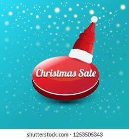 vector Christmas sales paper banner or tag label with red santa hat on snowy azure background with falling snowflakes. Red winter Christmas sale poster design template or background
