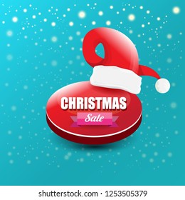vector Christmas sales paper banner or tag label with red santa hat on snowy azure background with falling snowflakes. Red winter Christmas sale poster design template or background