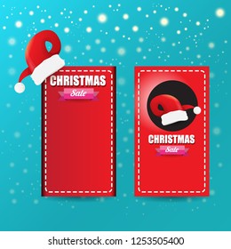 vector Christmas sales paper banner or tag label with red santa hat on snowy azure background with falling snowflakes. Red winter Christmas sale poster design template or background