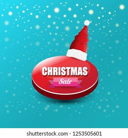 vector Christmas sales paper banner or tag label with red santa hat on snowy azure background with falling snowflakes. Red winter Christmas sale poster design template or background