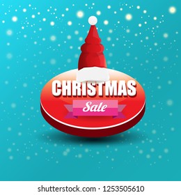 vector Christmas sales paper banner or tag label with red santa hat on snowy azure background with falling snowflakes. Red winter Christmas sale poster design template or background