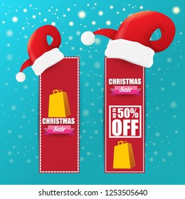 vector Christmas sales paper banner or tag label with red santa hat on snowy azure background with falling snowflakes. Red winter Christmas sale poster design template or background