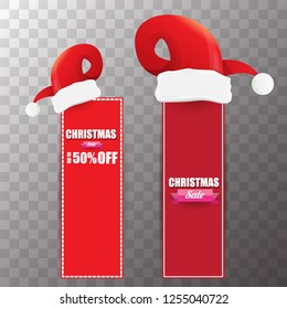 vector Christmas sales paper banner or tag label with red santa hat on transparent background. Red winter Christmas sale poster design template or background